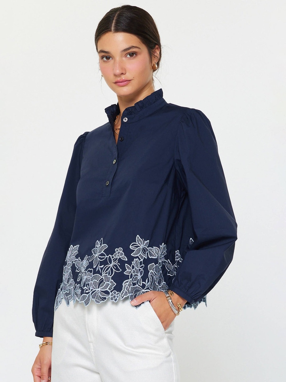 Current Air NWT Navy Floral Embroidered Border Ruffle-Collar Blouse
